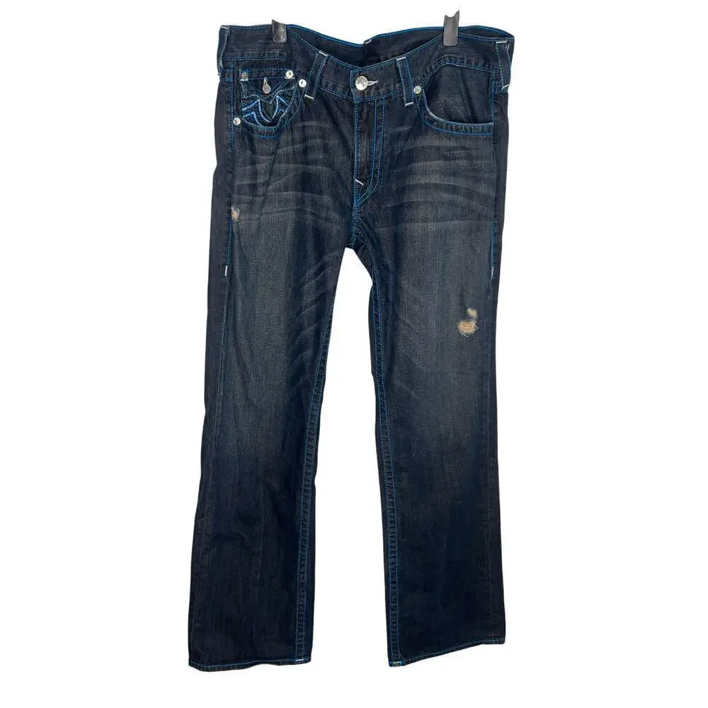 True Religion Vintage Y2K Made in USA Distressed Denim Straight Leg Jeans Sz 38